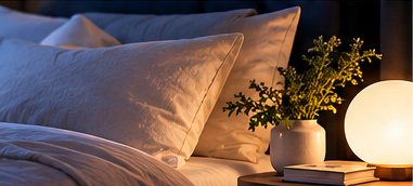 A calm bedroom with soft pillows, a glowing lamp, and a small plant