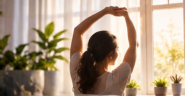 A woman stretching in a sunny bedroom after waking