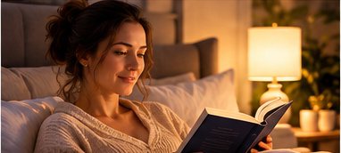 A woman reading a book in bed by warm lamplight